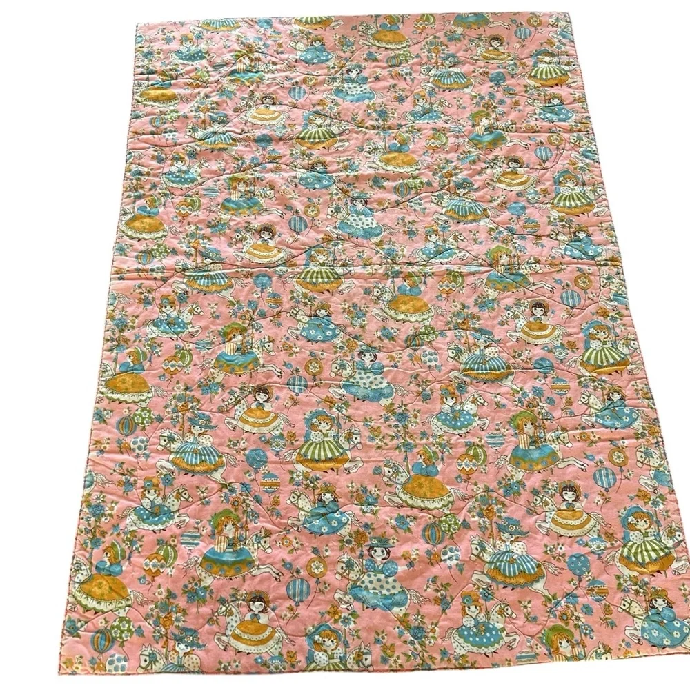 Vintage 1960's Mid Century Girl's Pink girl on carousel baby blanket 40” x 56”